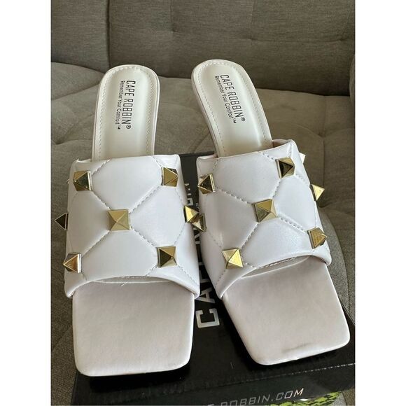 White high heeled gold studded slide sandals brand new size 10 Cape Robbin Kena - Picture 1 of 6
